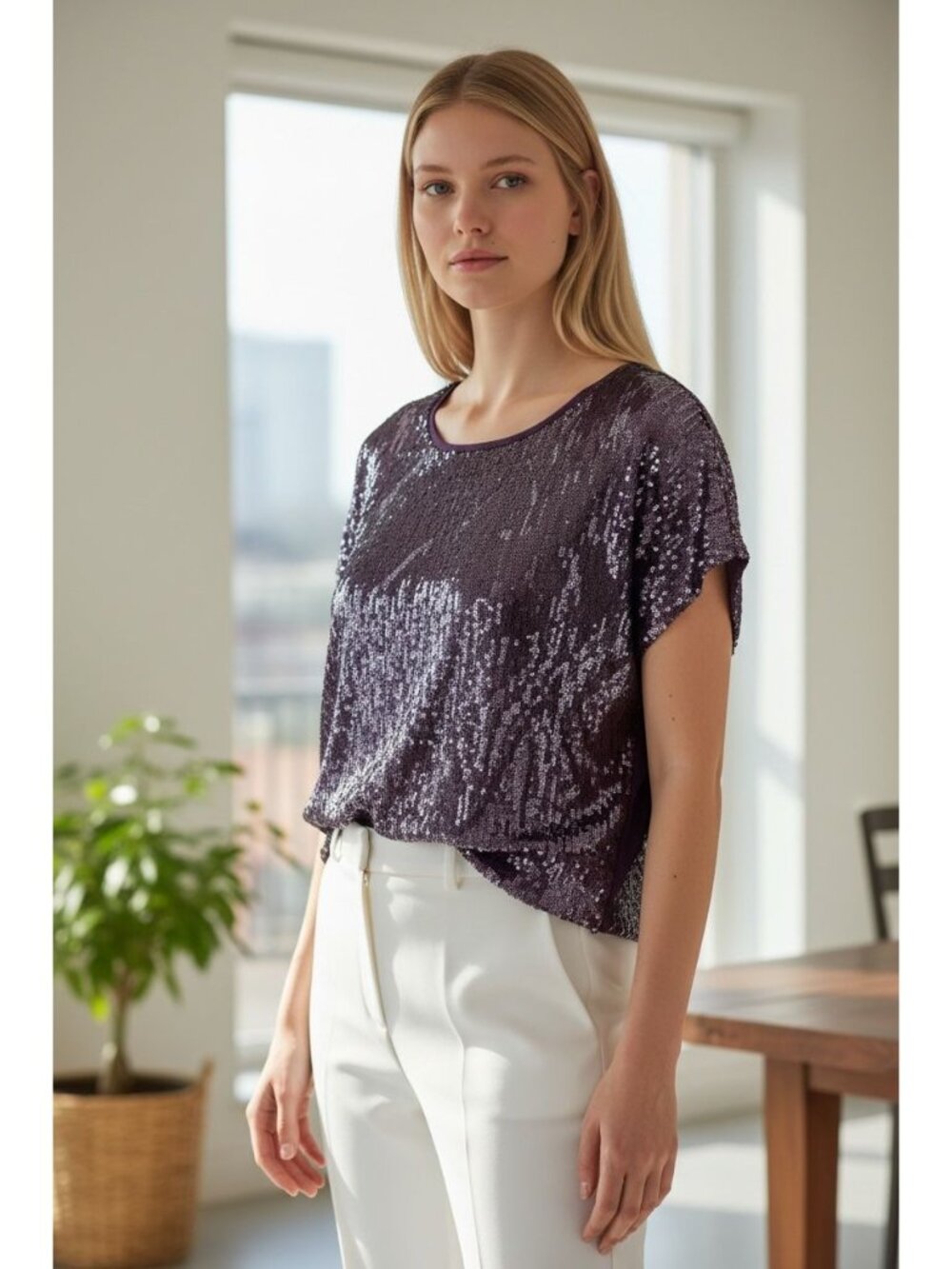 NEW LunaChix Purple Sequin Front Sheer Back Short Sleeve Blouse Top Womens M